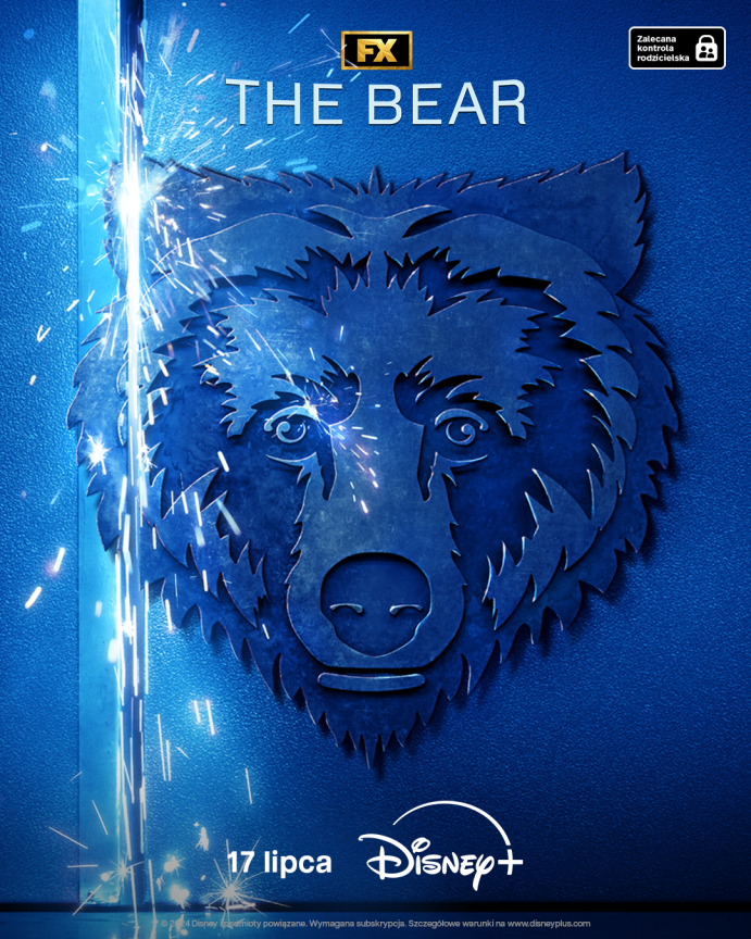 a blue poster with a bear face