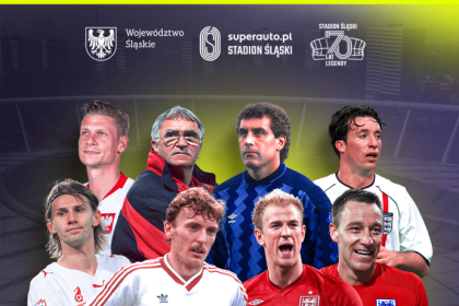 Plakat Legendarnego Meczu Polska–Anglia z piłkarskimi gwiazdami obu reprezentacji
