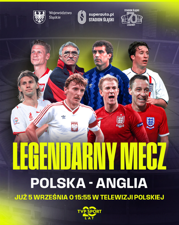 Plakat Legendarnego Meczu Polska–Anglia z piłkarskimi gwiazdami obu reprezentacji
